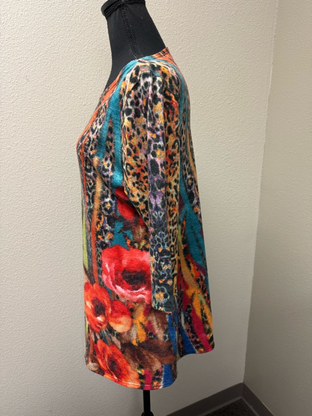 Amma Design Floral Tunic Top Large Yellow Teal Red Boho Stretch Blouse - Picture 3 of 8